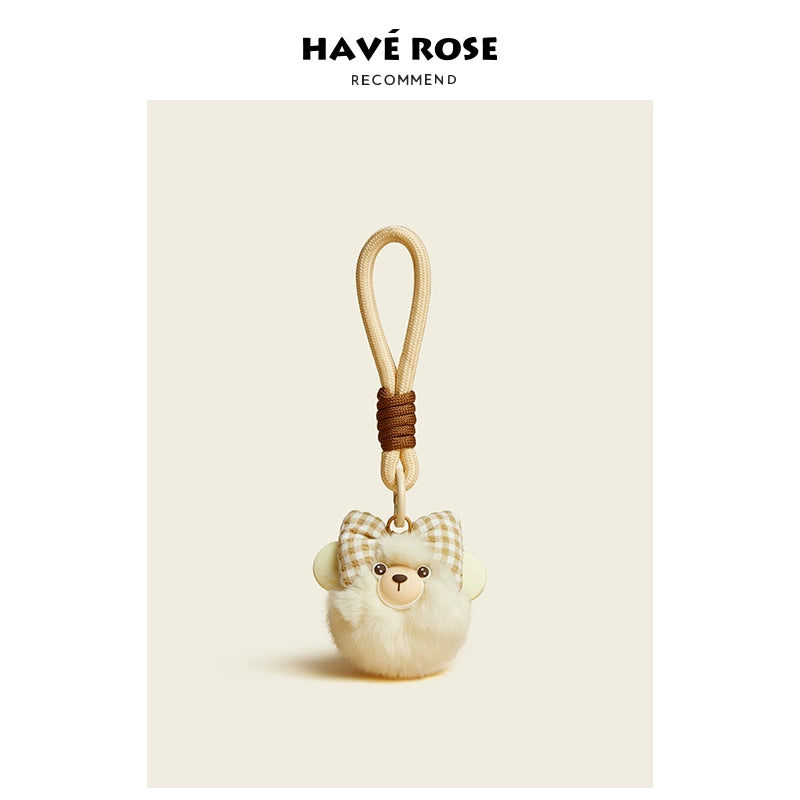 HAVEROSE original niche bear bag pendant high-grade rex rabbit fur schoolbag pendant creative keychain female